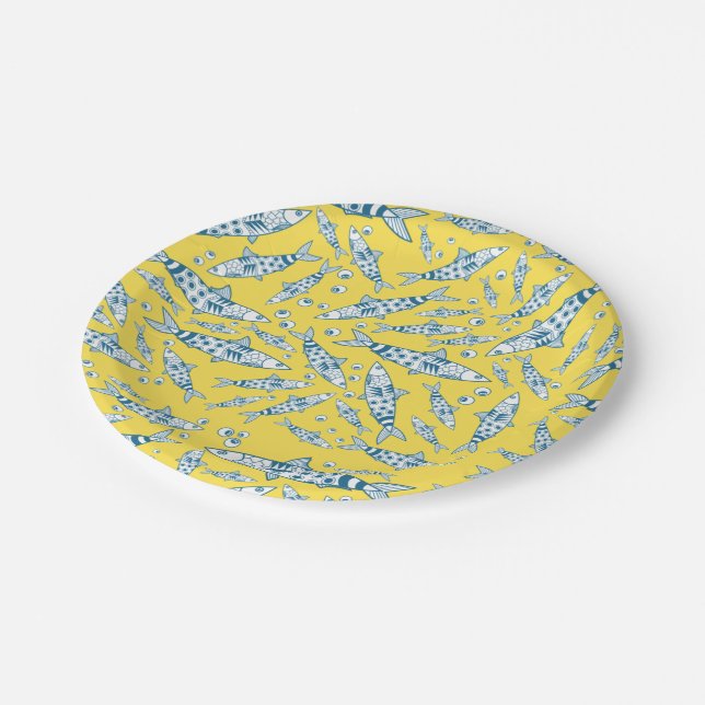 Portuguese Lisbon Sardines Pattern Azulejos Yellow Paper Plate (Angled)