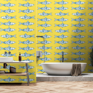 Portuguese Lisbon Sardines Yellow Pattern Azulejos Wallpaper