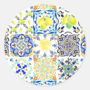 Portuguese Majolica Azulejo Mediterranean Lemon  Classic Round Sticker