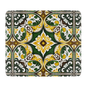 Portuguese Mediterranean tile pattern green yellow Cutting Board