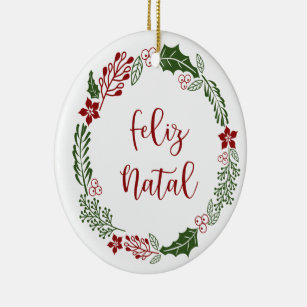 Portuguese Merry Christmas Wreath, Feliz Natal Ceramic Ornament
