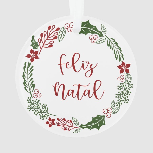 Portuguese Merry Christmas Wreath, Feliz Natal Ornament (Back)