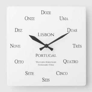 Portuguese Numbers Custom City Country Time Zone Square Wall Clock