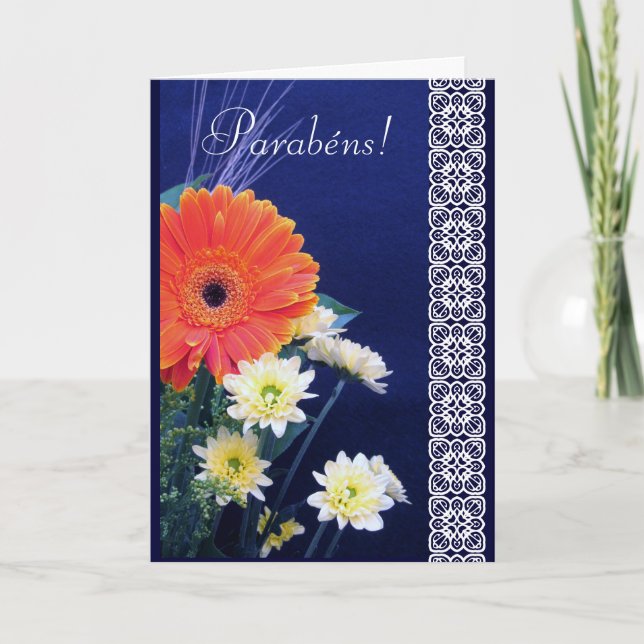 Portuguese: Parabéns! Happy Birthday Daisy Card (Front)