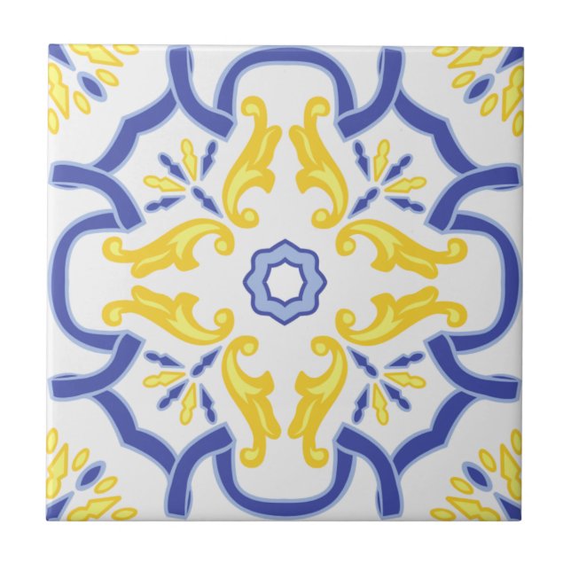 Portuguese Portugal Mediterranean blue yellow  Ceramic Tile (Front)