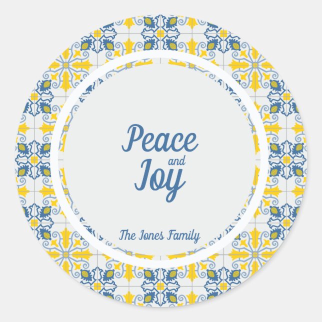 Portuguese pretty tiles frame for family Christmas Classic Round Sticker (Front)