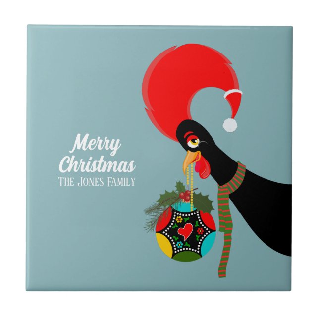 Portuguese Rooster and holly Christmas bauble Ceramic Tile (Front)