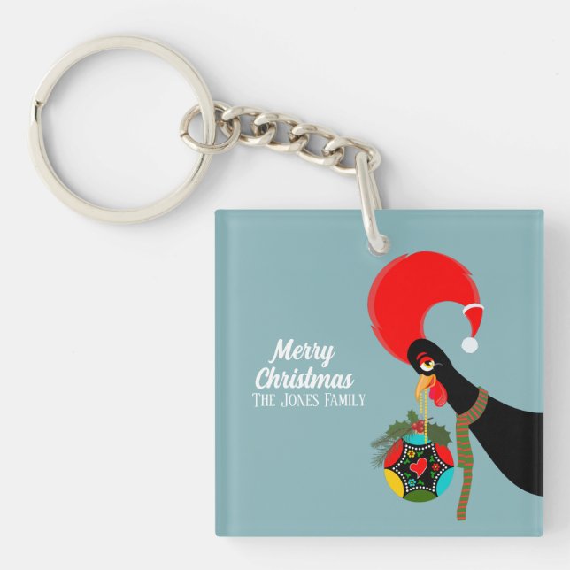 Portuguese Rooster and holly Christmas bauble Key Ring (Front)