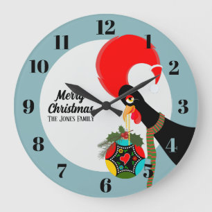 Portuguese Rooster and holly Christmas bauble Large Clock