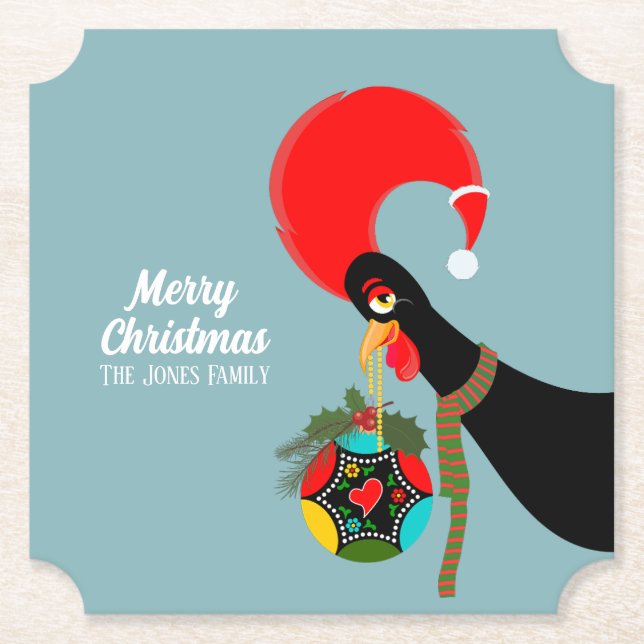 Portuguese Rooster and holly Christmas bauble Paper Coaster (Front)