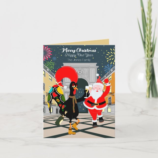 Portuguese Rooster and Santa toast to the New Year Card (Front)
