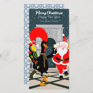 Portuguese Rooster and Santa toast to the New Year Holiday Card