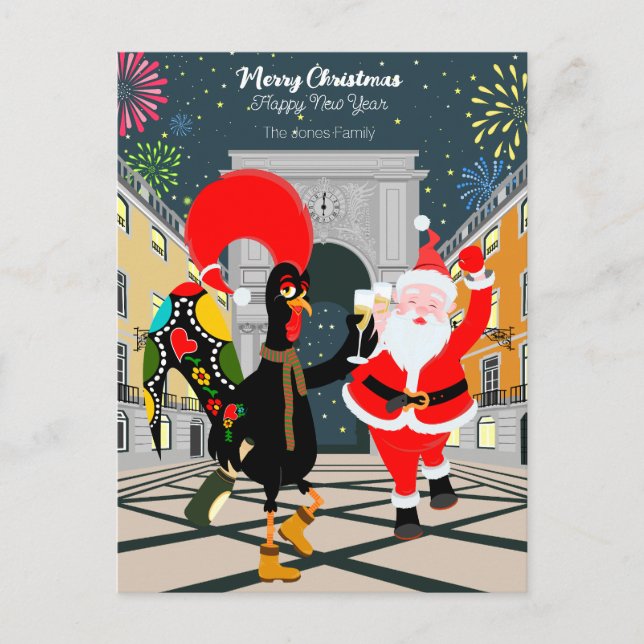 Portuguese Rooster and Santa toast to the New Year Holiday Postcard (Front)