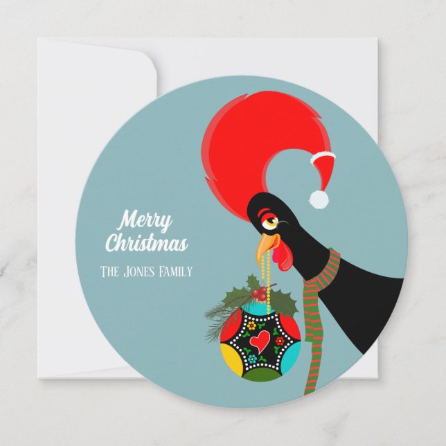 Portuguese Rooster  Christmas holly bauble card (Front)