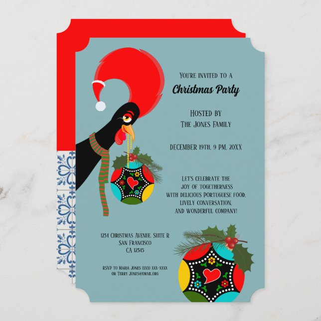 Portuguese Rooster holly Christmas Bauble Party Invitation (Front/Back)