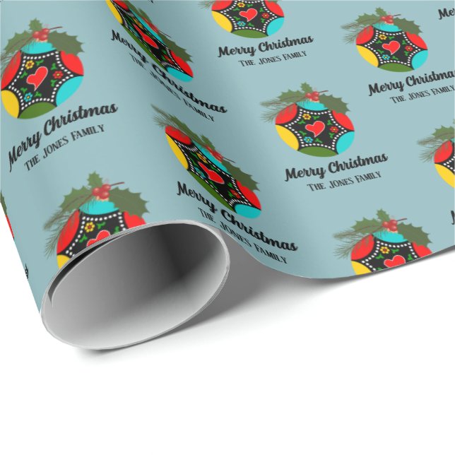 Portuguese Rooster holly Christmas Bauble Wrapping Paper (Roll Corner)