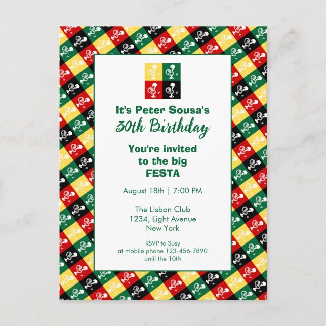 Portuguese Rooster of Barcelos Birthday Party Invitation Postcard (Front)