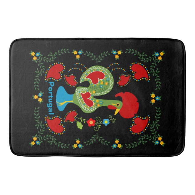 Portuguese Rooster of Luck in green colour Bath Mat (Front)