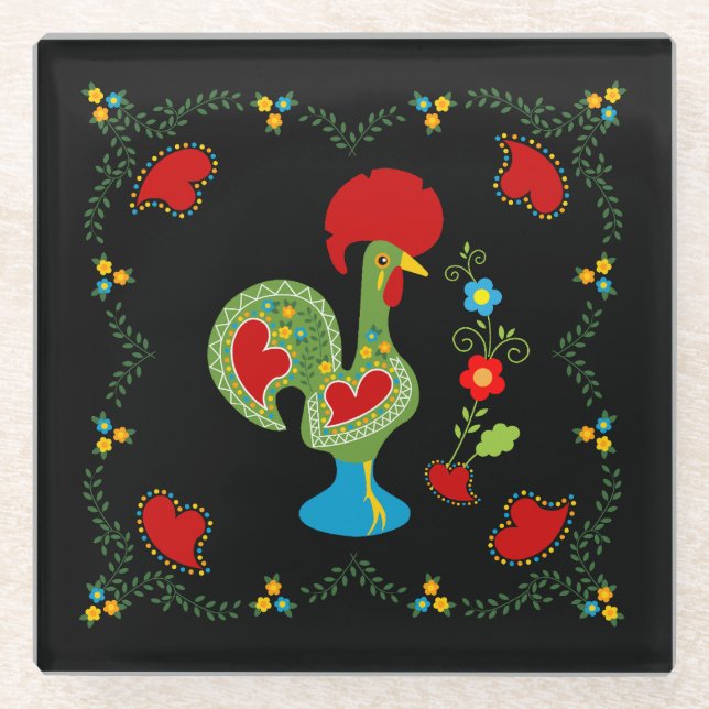 Portuguese Rooster of Luck in green colour Glass Coaster (Front)