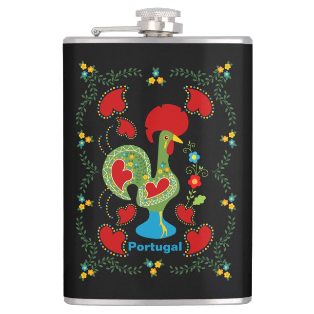 Portuguese Rooster of Luck in green colour Hip Flask (Front)