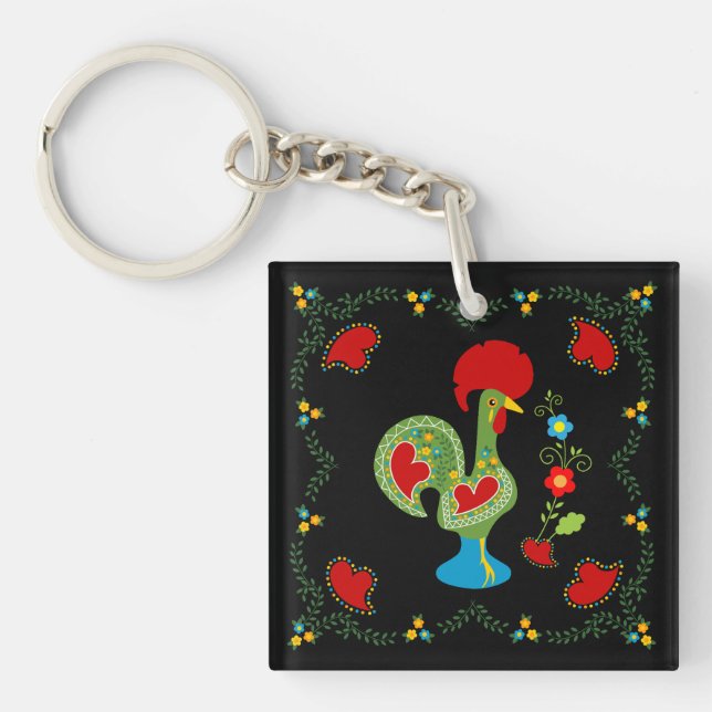Portuguese Rooster of Luck in green colour Key Ring (Front)
