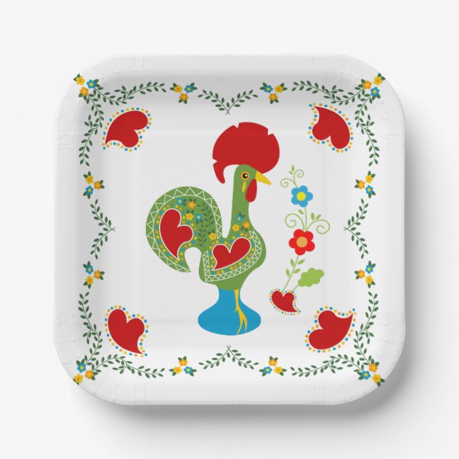 Portuguese Rooster of Luck in green colour Paper Plate (Front)