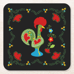 Portuguese Rooster of Luck in green colour Square Paper Coaster