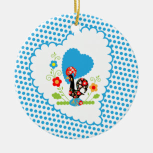 Portuguese Rooster with blue polka dots Ceramic Tree Decoration