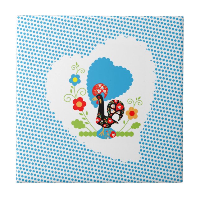Portuguese Rooster with blue polka dots Tile (Front)