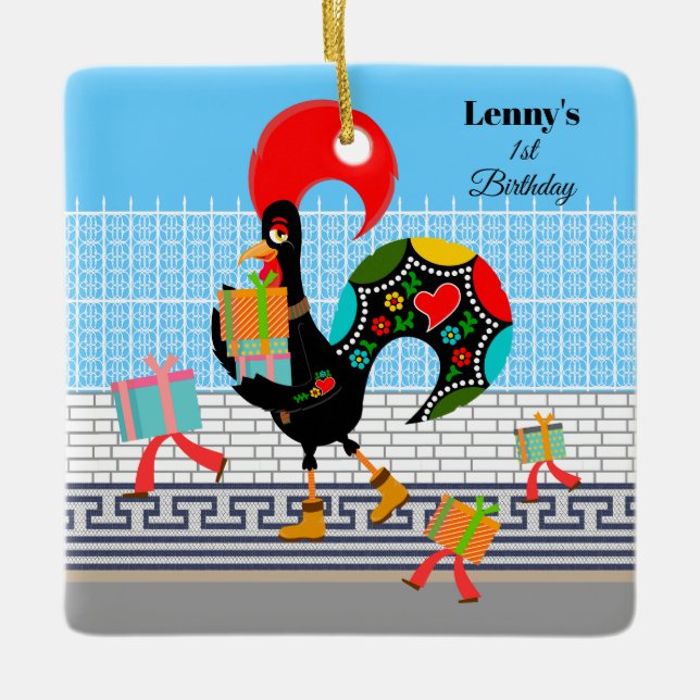 Portuguese Rooster with gifts 1st Birthday Party  Ceramic Ornament (Front)