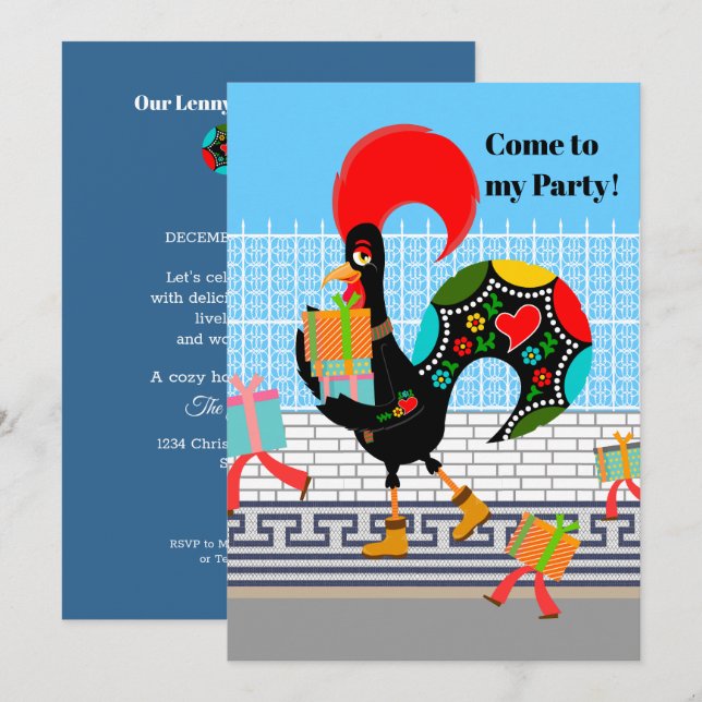 Portuguese Rooster with gifts 1st Birthday Party  Invitation (Front/Back)