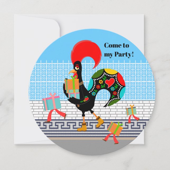 Portuguese Rooster with gifts 1st Birthday Party  Invitation (Front)