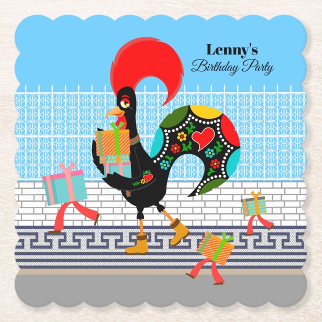 Portuguese Rooster with gifts 1st Birthday Party  Paper Coaster (Front)