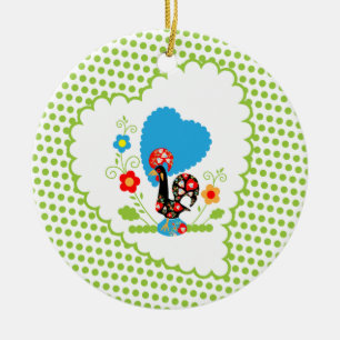 Portuguese Rooster with green polka dots Ceramic Tree Decoration