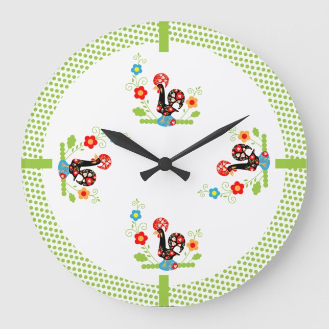 Portuguese Rooster with light green polka dots. Large Clock (Front)