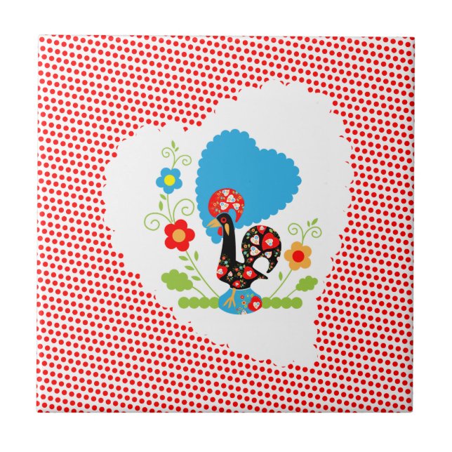 Portuguese rooster with red polka dots ceramic tile (Front)