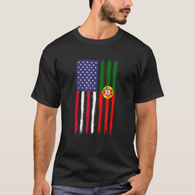 Portuguese Roots Half American Flag Patriotic Port T-Shirt (Front)