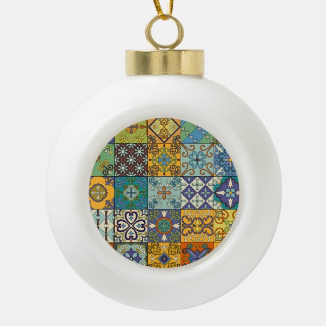 Portuguese Talavera Tile Design Ceramic Ball Christmas Ornament (Front)
