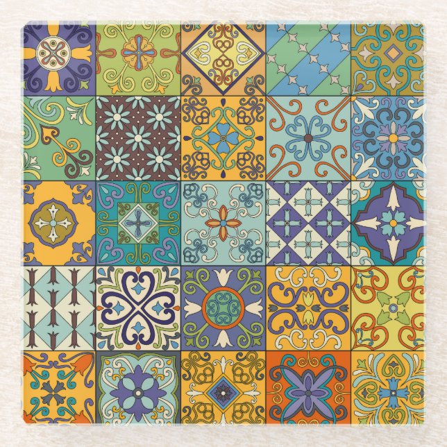 Portuguese Talavera Tile Design Glass Coaster (Front)