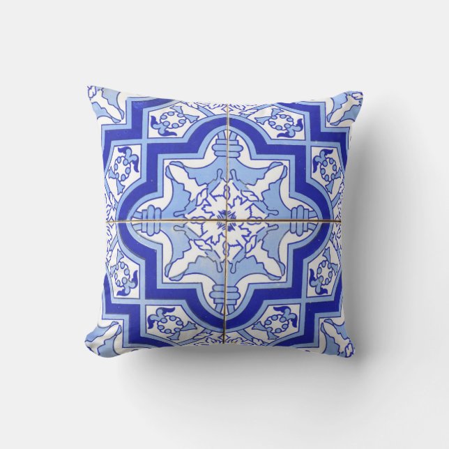 Portuguese Tile Patio pillow blue Azulejos (Front)