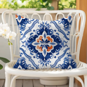 Portuguese Tile Pattern Blue White Orange Cushion