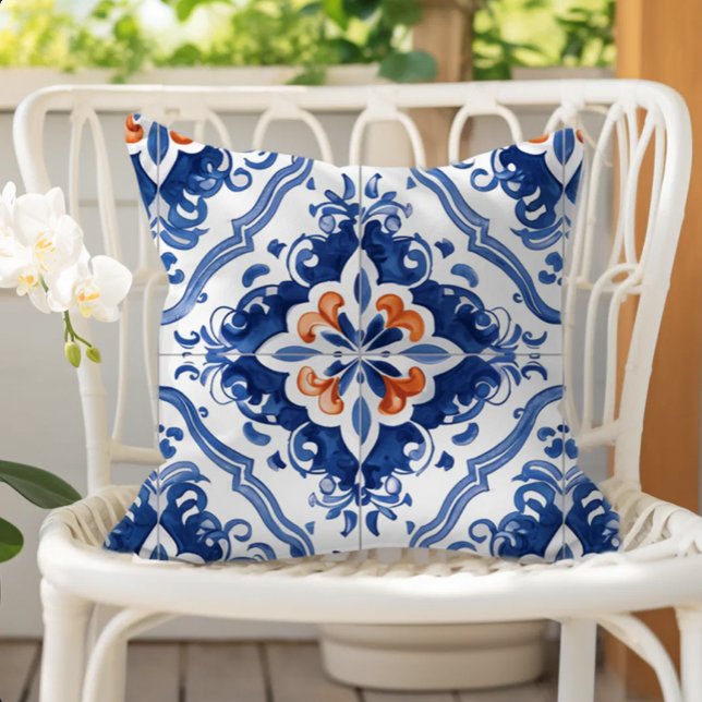 Portuguese Tile Pattern Blue White Orange Cushion (Creator Uploaded)
