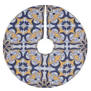 Portuguese tile pattern brushed polyester tree skirt