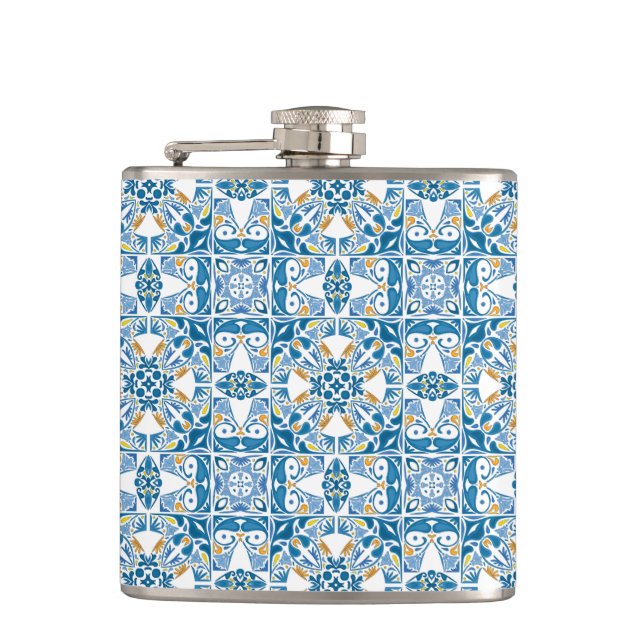 Portuguese Tile Pattern Hip Flask (Front)
