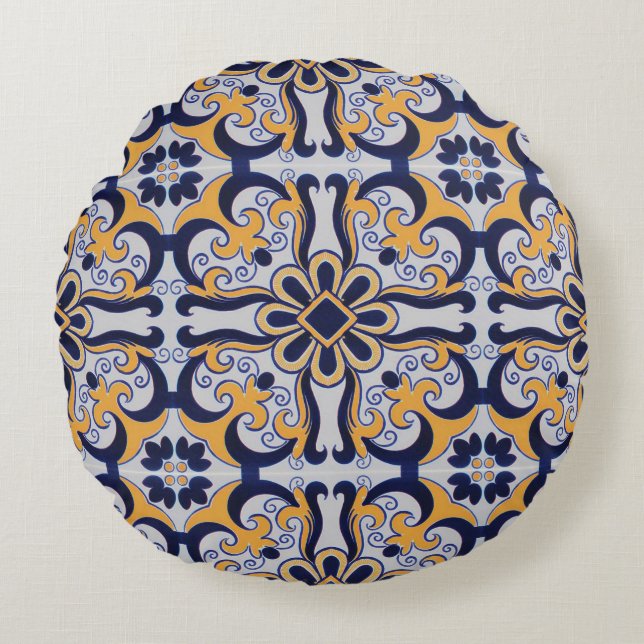 Portuguese tile pattern round cushion (Front)