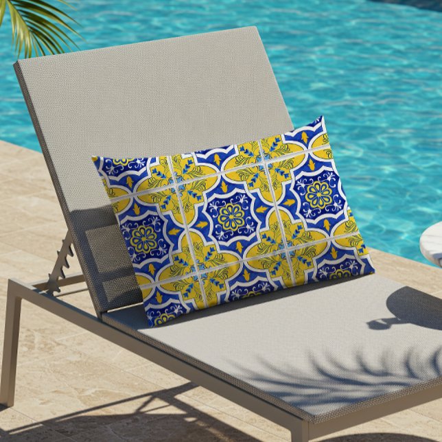 Portuguese Tile Pattern Yellow Blue Outdoor Lumbar Cushion (Creator Uploaded)