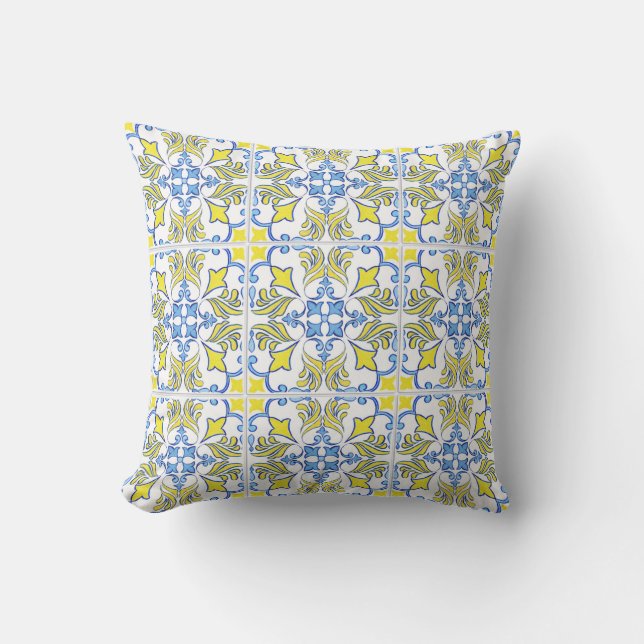 Portuguese Tile Pattern Yellow White Blue Cushion (Front)