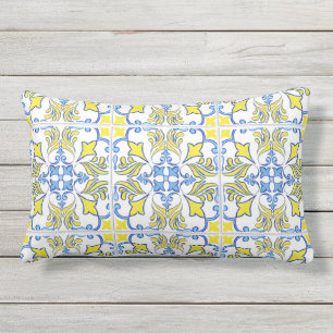 Portuguese Tile Pattern Yellow White Blue Outdoor Lumbar Cushion