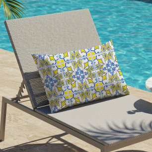 Portuguese Tile Pattern Yellow White Blue Outdoor Lumbar Cushion