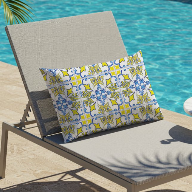 Portuguese Tile Pattern Yellow White Blue Outdoor Lumbar Cushion (Creator Uploaded)
